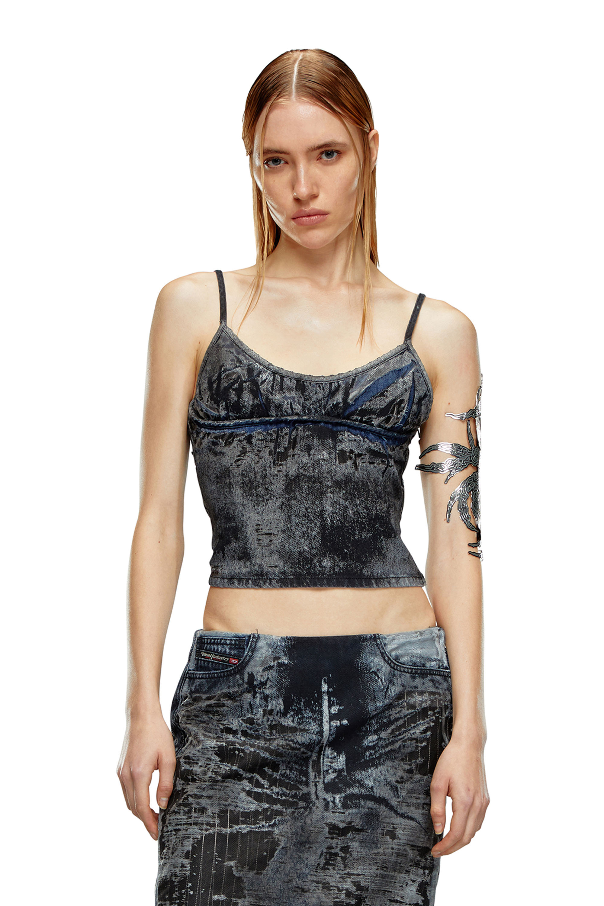 Diesel - DE-VERNI-FSE, Femme Top en denim dévoré à fines rayures in Noir - Image 1