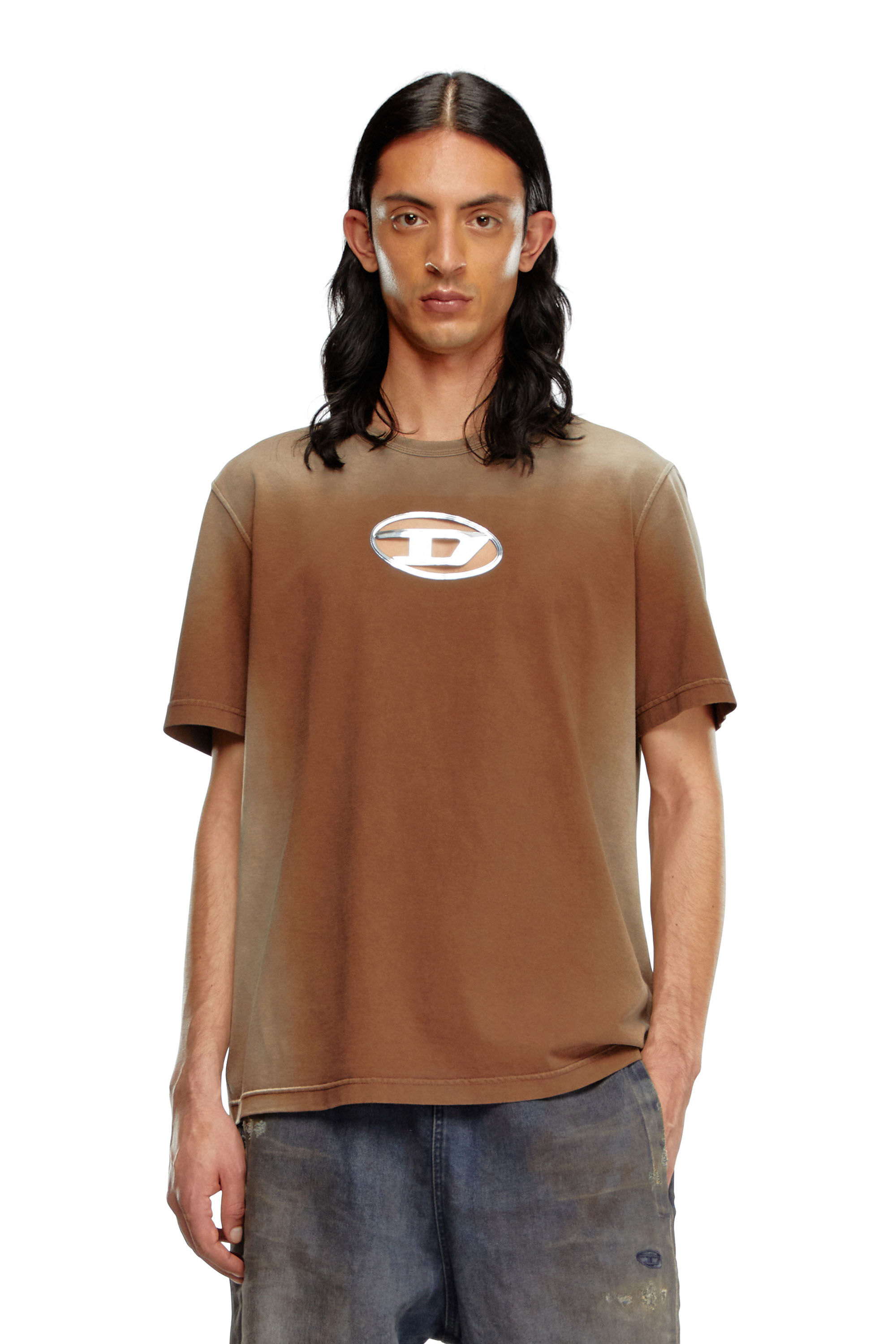 Diesel - T-ADJUST-Q8, Male Faded T-shirt with cut-out Oval D logo in Brown - Image 3
