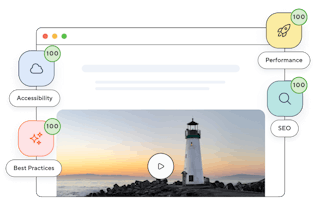 Website screen with lighthouse score icons surrounding it - Accessibility, Best Practices, Performance and SEO