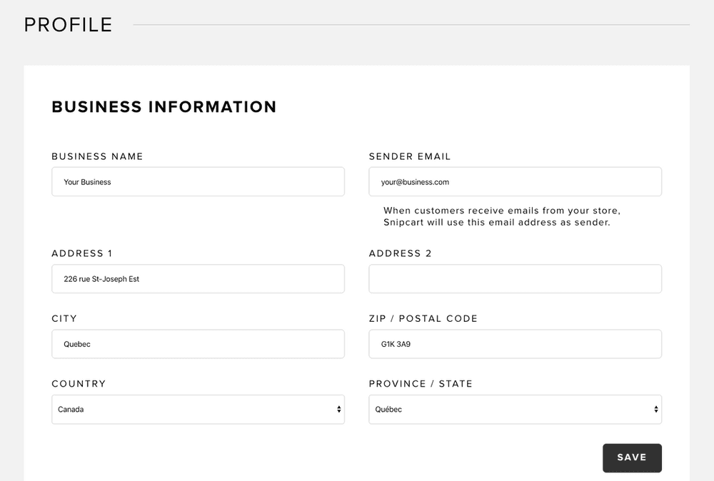 Filling business information in Snipcart dashboard