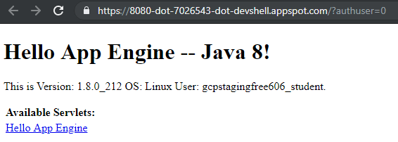 バージョン情報と利用可能なサーブレットへのリンクが表示されている [Hello App Engine -- Java 8!] ページ