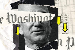 Photo collage of the Washington Post logo cut in half, covering the face of Jeff Bezos