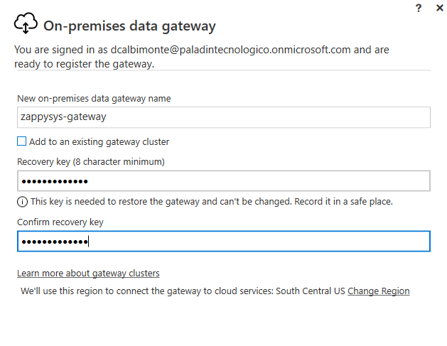 Specify name and recovery key