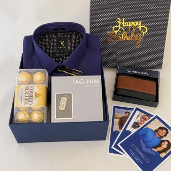 Luxury brthday gift for male friend in india with Shirt, perfume and a sweet greetings.