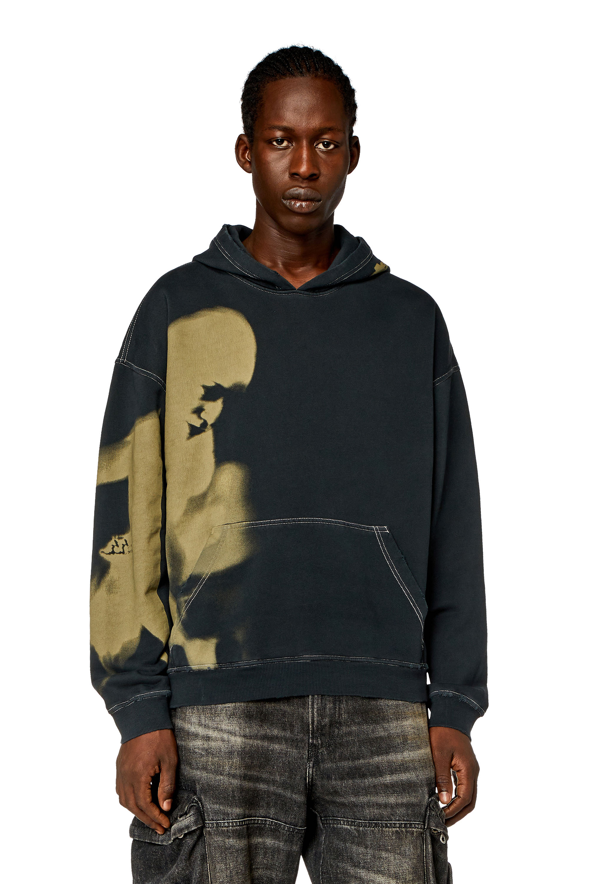 Diesel - S-BOXT-HOOD-N4, Herren Vielgetragener Hoodie mit verschmiertem Print in Schwarz - Image 1