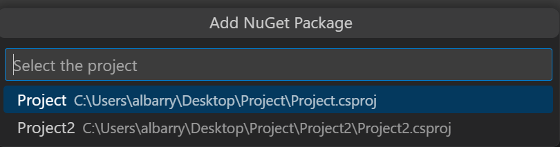 Screenshot showing quickpick menu with dropdown options "Project" and "Project2"