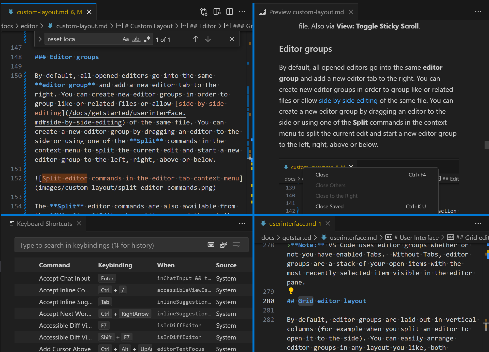 Editor Grid 2x2 layout with the sash highlighted