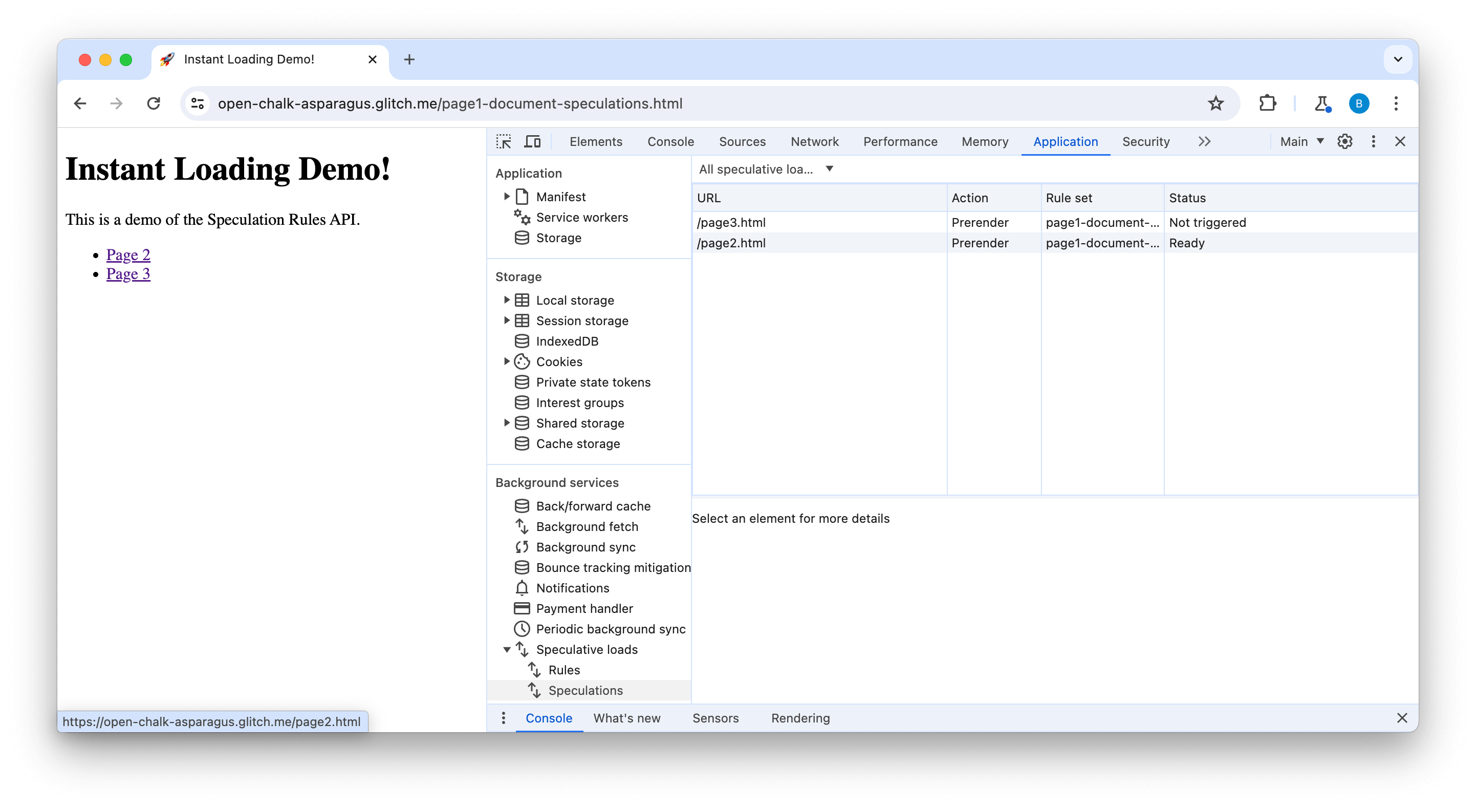 DevTools Speculations tab showing two pages triggered