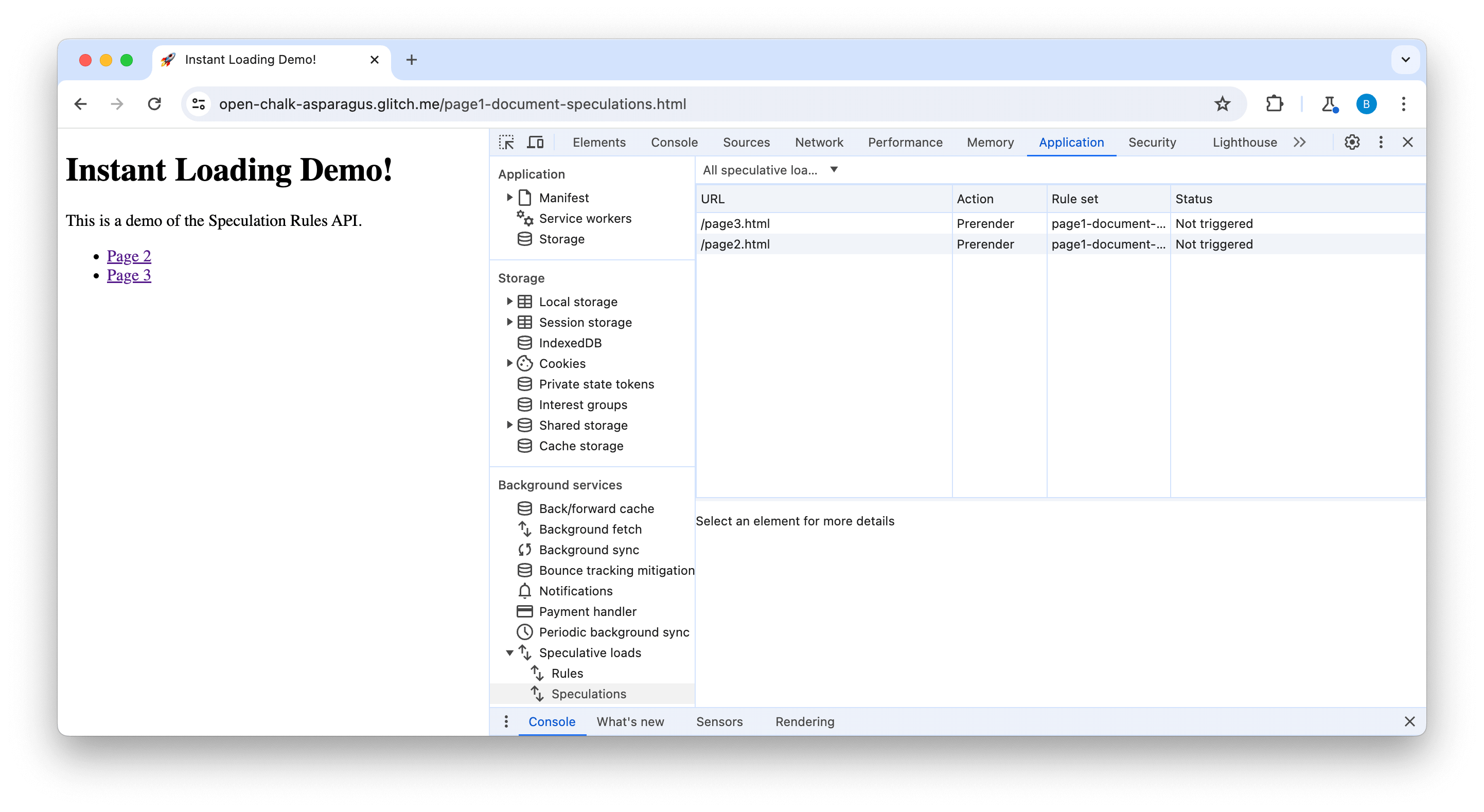 DevTools Speculations tab showing two pages not triggered