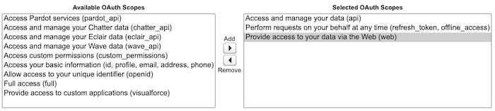 Dialog box selector for selecing OAuth scopes.