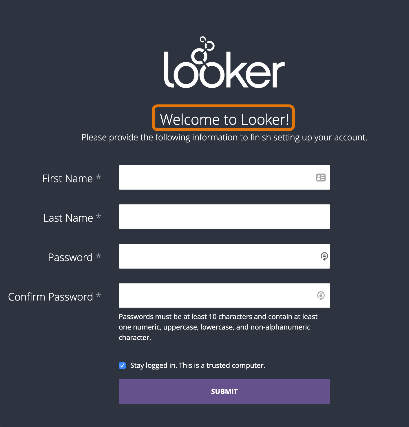 Uno screenshot della pagina di configurazione dell&#39;account Looker. Nella parte superiore della pagina è presente un logo di Looker, seguito dal testo Ti diamo il benvenuto in Looker.