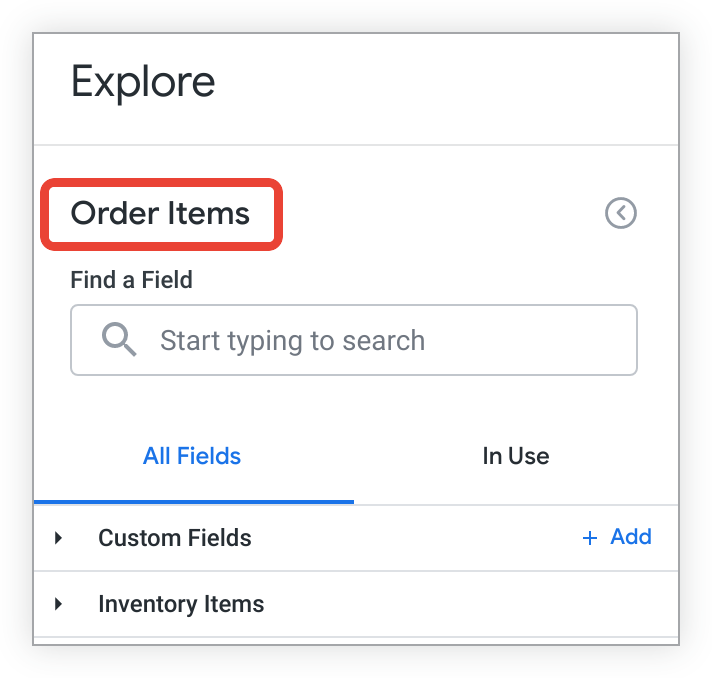 Una exploración con la etiqueta Order Item Information en el menú Explore y el selector de campos.