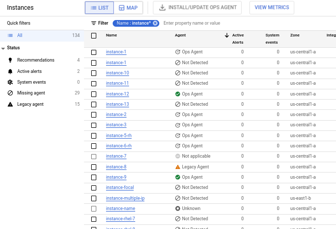 La dashboard delle istanze VM in Monitoring mostra lo stato degli agenti.