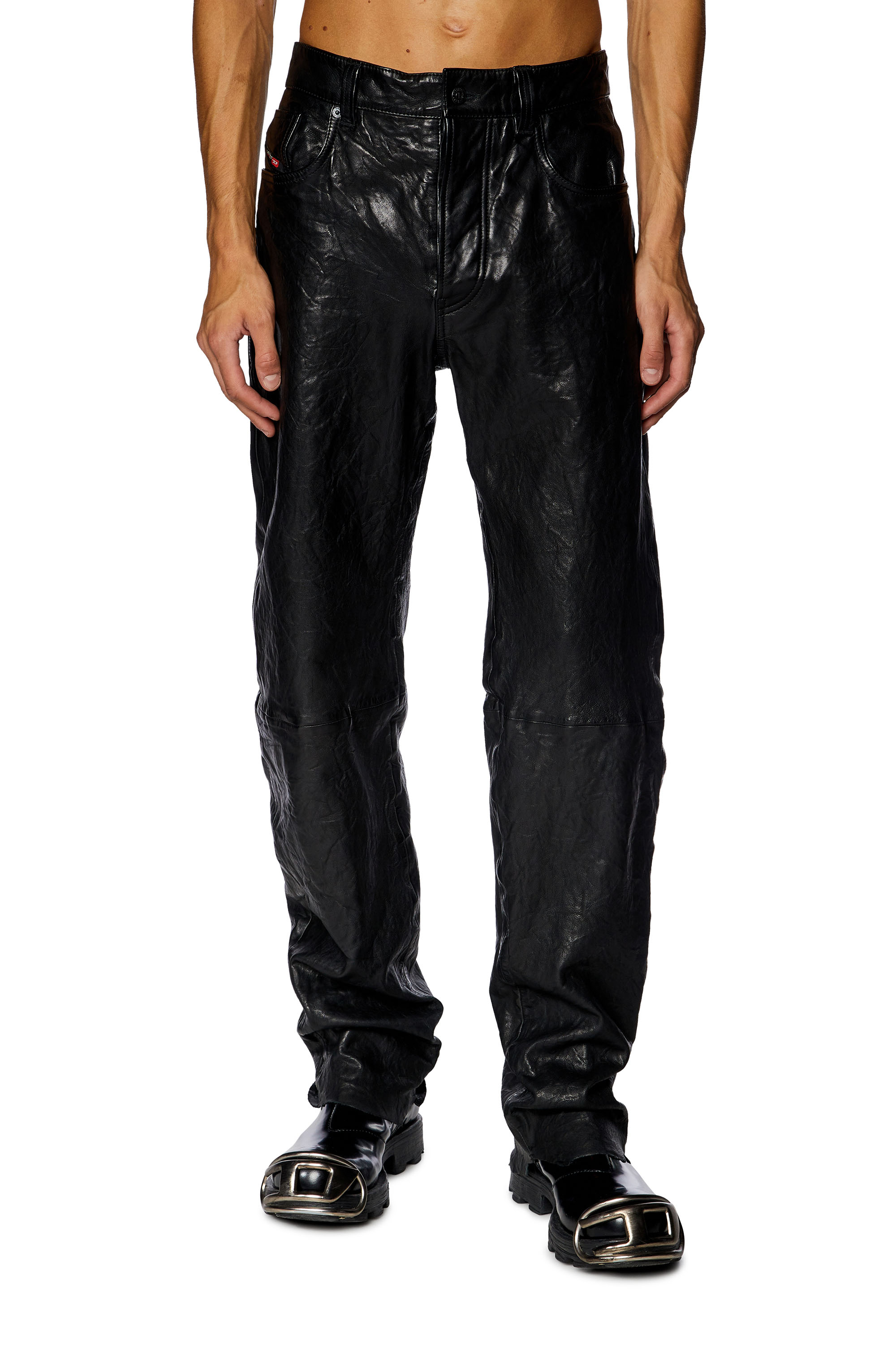 Diesel - P-MACS-LTH, Man Textured waxed-leather pants in Black - Image 1