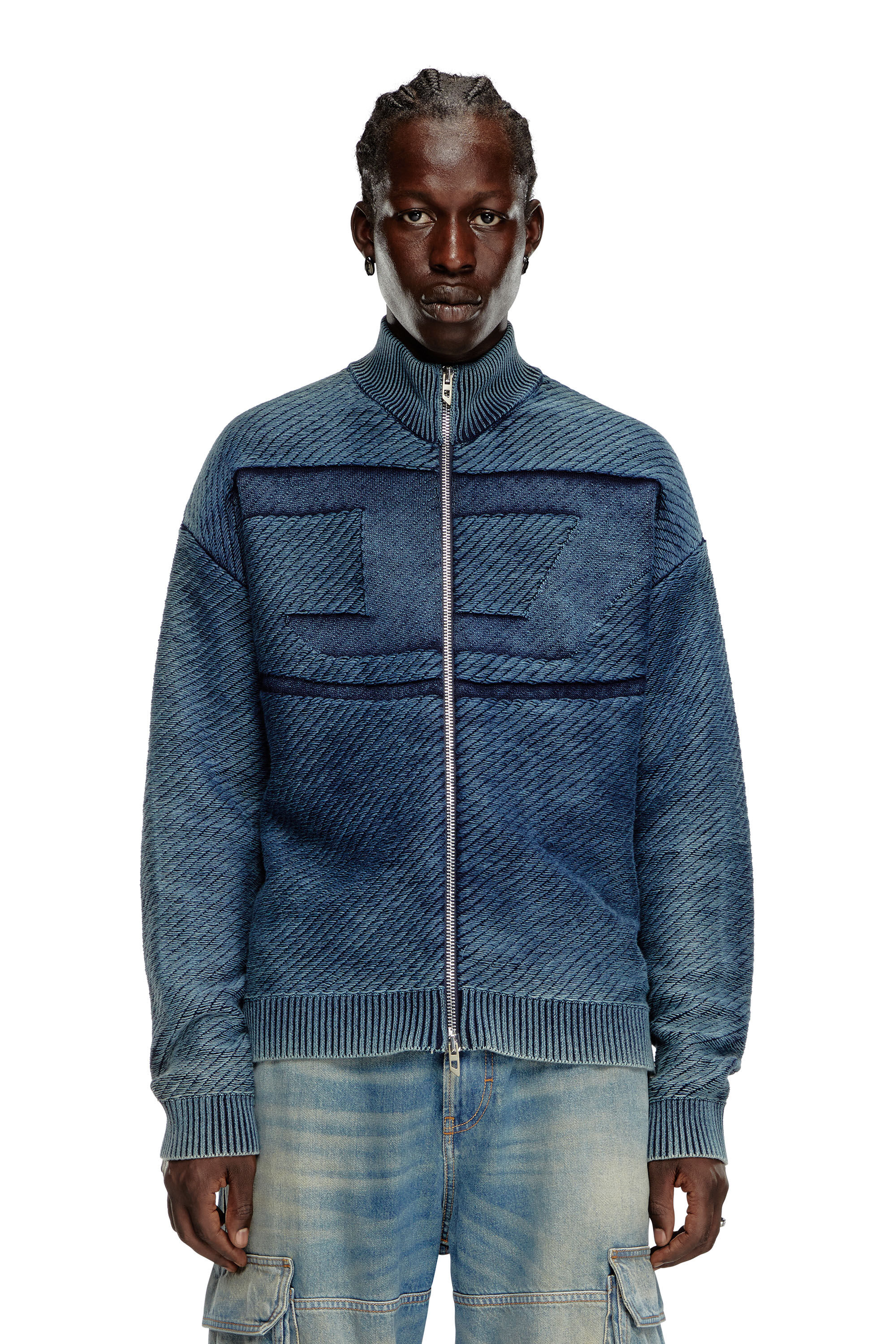 Diesel - K-KLEVERY-ZIP, Man's Denim-effect zip-up cardigan in cotton in Blue - 6