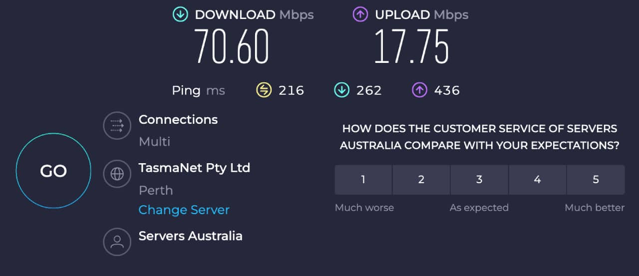 Private Internet Access speed test UK to Australia