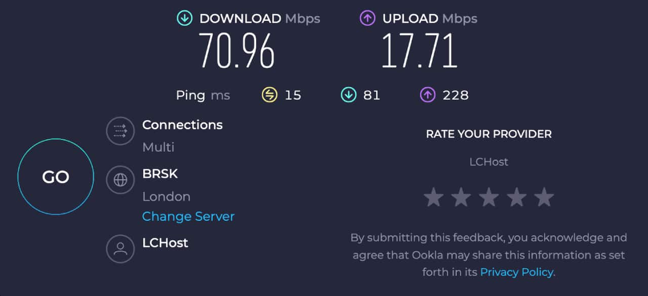 Private Internet Access speed test UK to UK