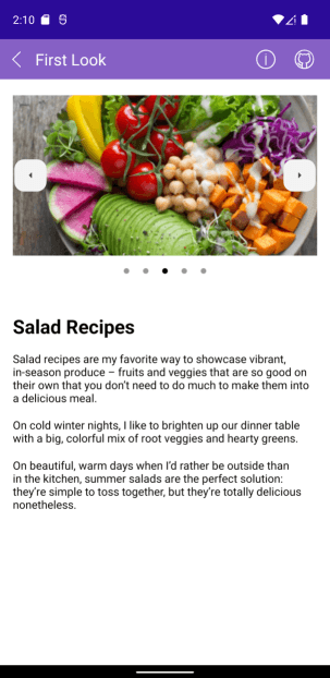 slideview shows a large image of a salad in a carousel. The text below says Salad Recipes, with more text below that.