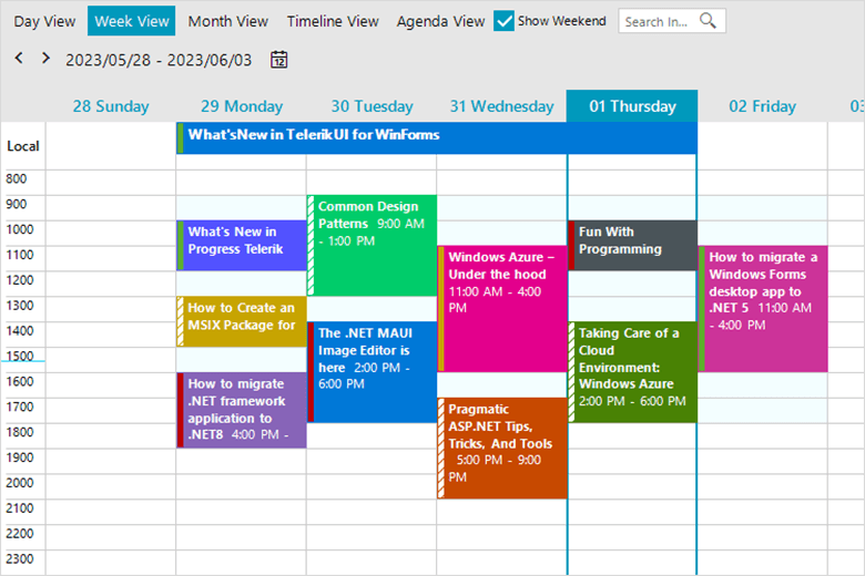 A colorful scheduler shows appointments for the week