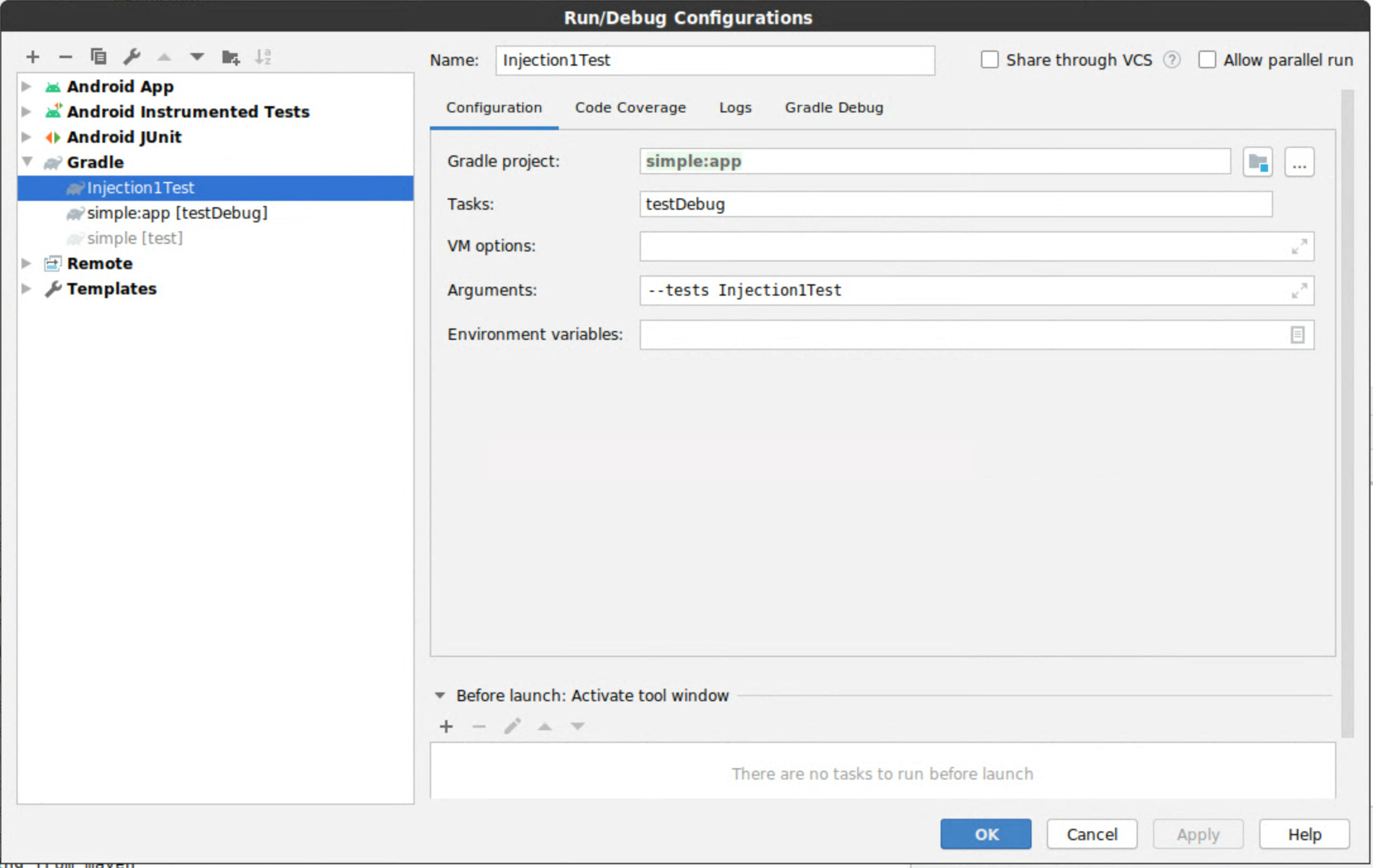 Example of setting up Gradle task to run tests