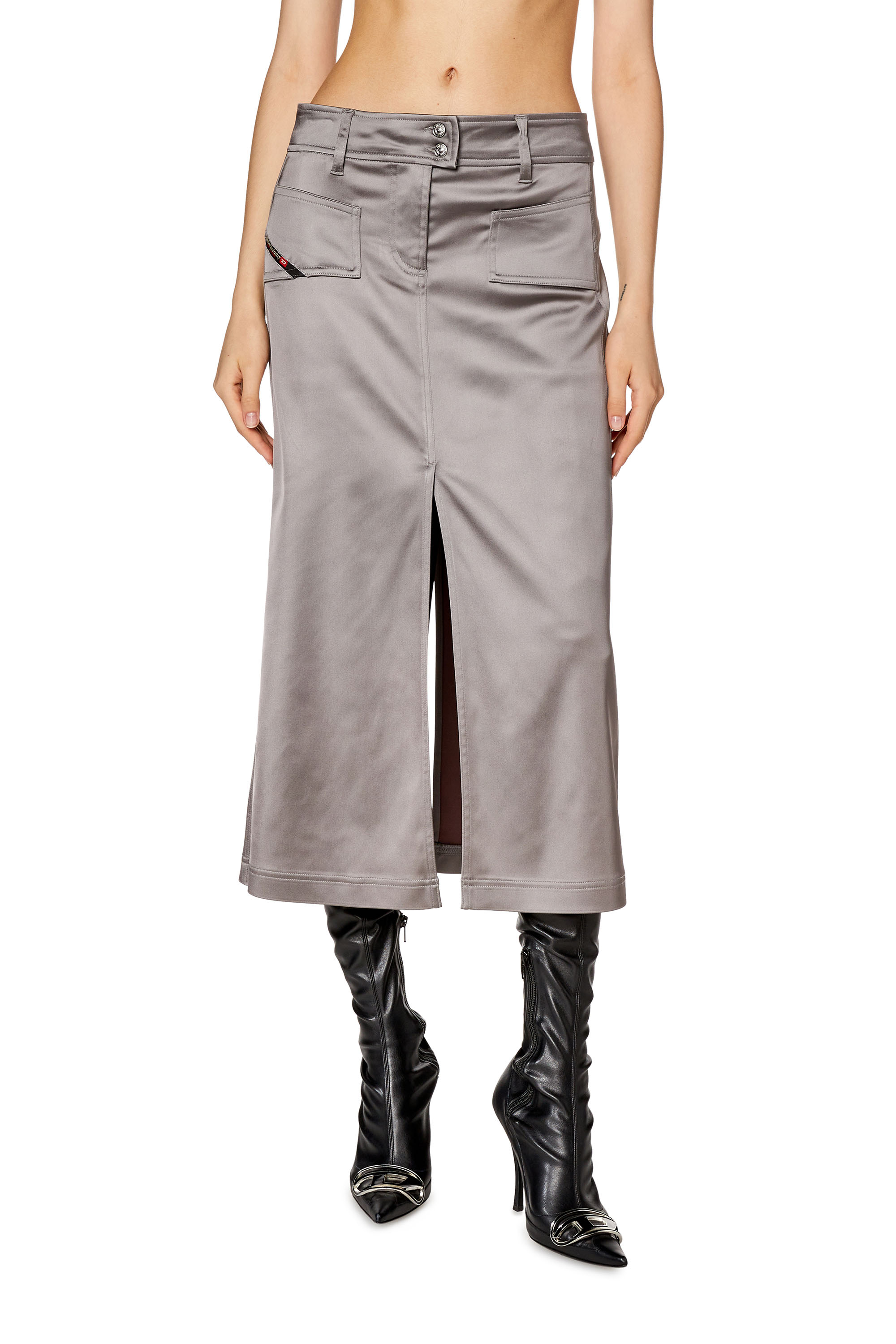 Diesel - O-YIN, Woman Midi skirt in shiny stretch satin in Grey - Image 1