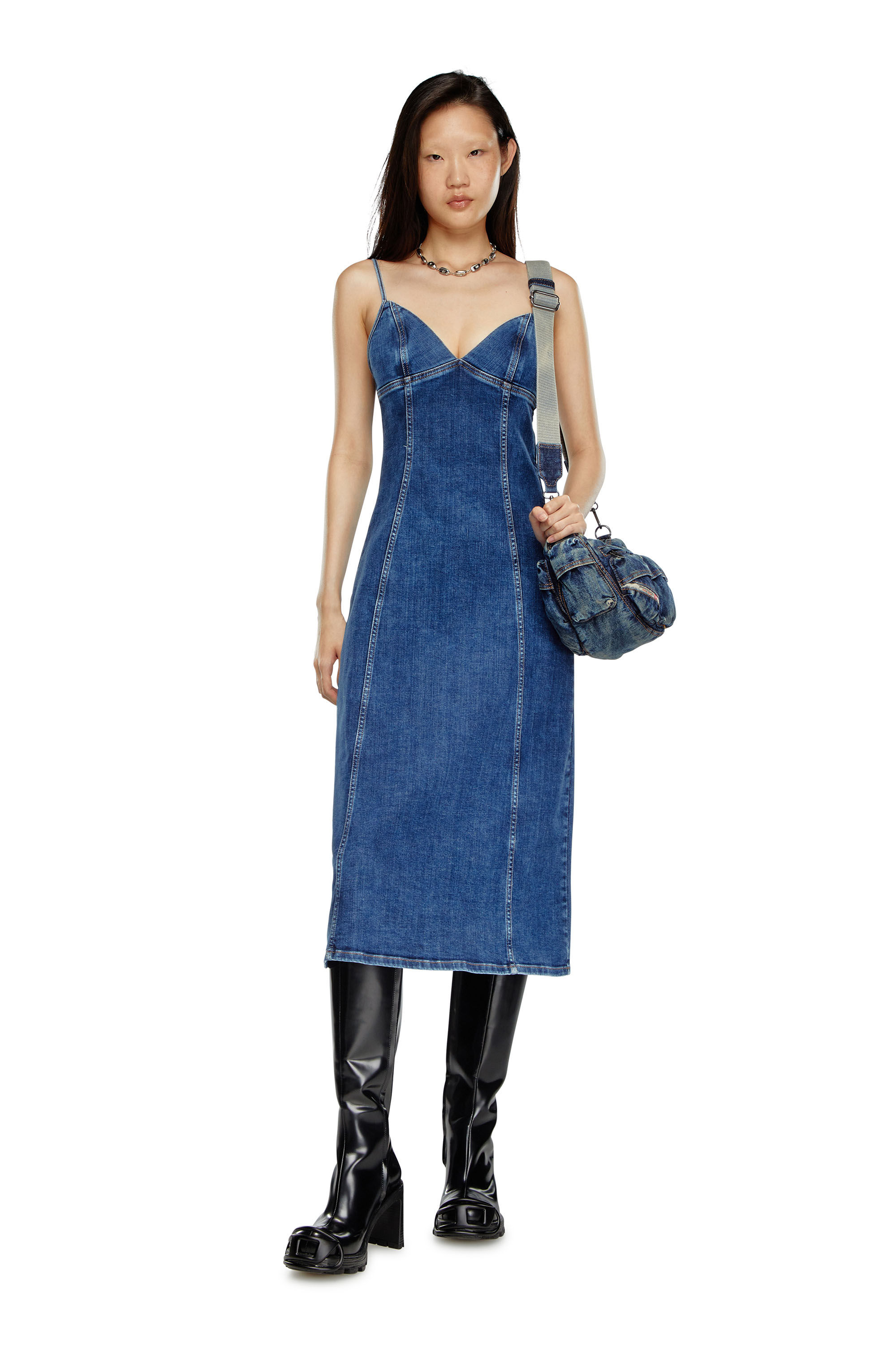 Diesel - DE-FULVY-DRESS-D, Damen Midi-Kleid mit Trägern aus Denim in Blau - Image 1