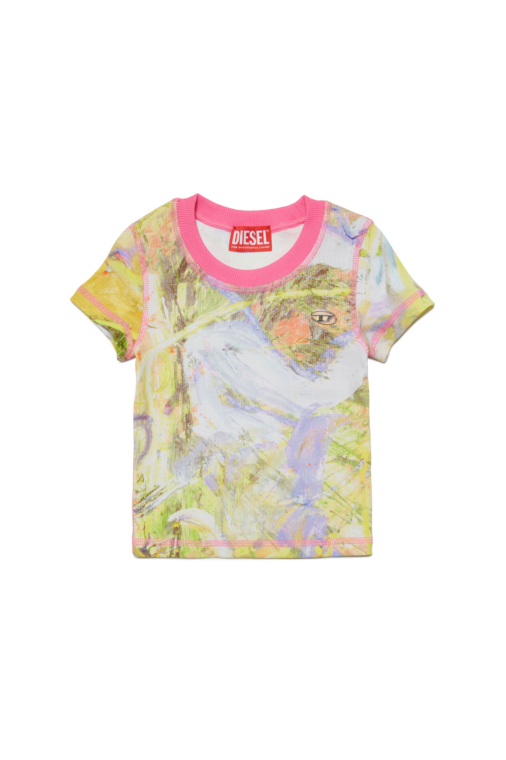 Diesel - TISKI, Damen Geripptes T-Shirt mit abstraktem Print in Gelb - Image 1