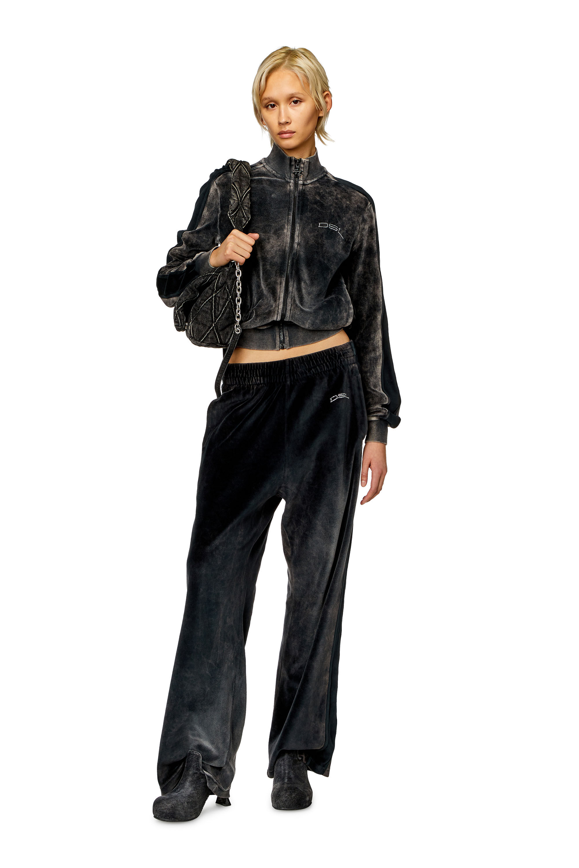 Diesel - P-MARTYN, Woman's Acid-wash chenille wide-leg sweatpants in Black - 1