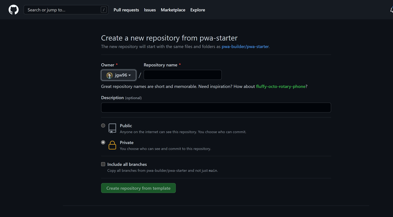A screenshot that shows the screen for creating a new repository from the pwa-starter on Github