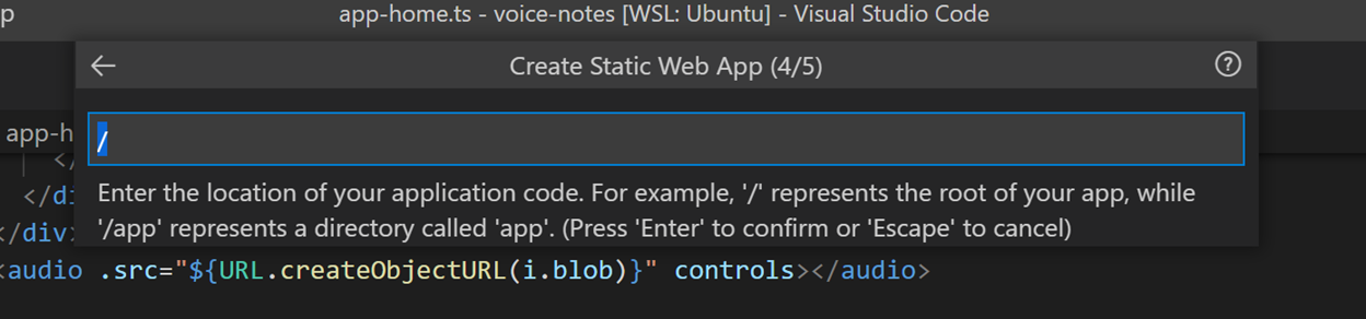 A screenshot of the input for entering the location of your app code in the Azure Static Web Apps VSCode extension