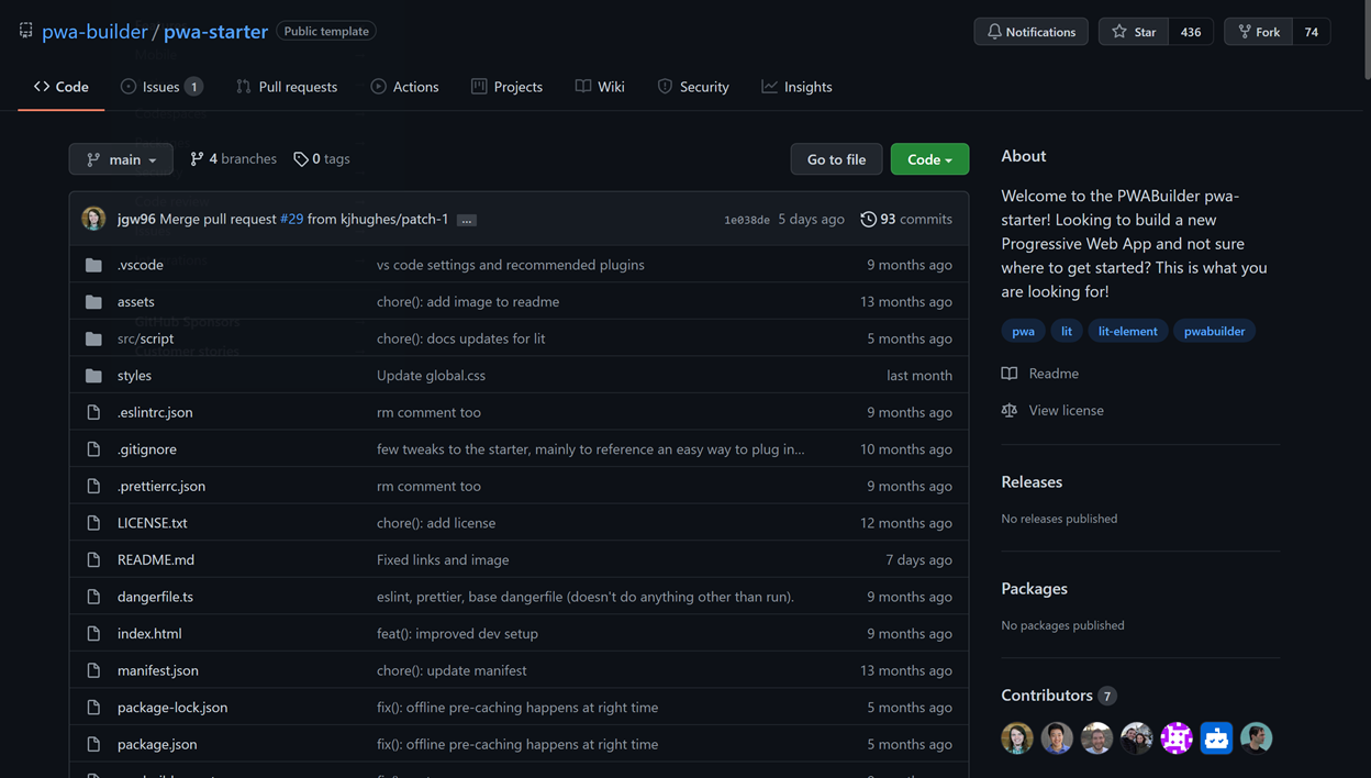 A screenshot of the Github repo page for the PWABuilder pwa-starter