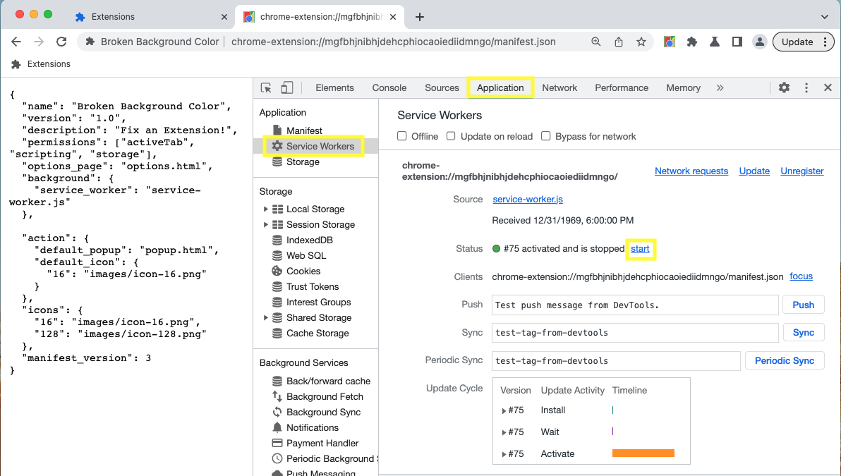 สถานะของ Service Worker ในแผงแอปพลิเคชัน