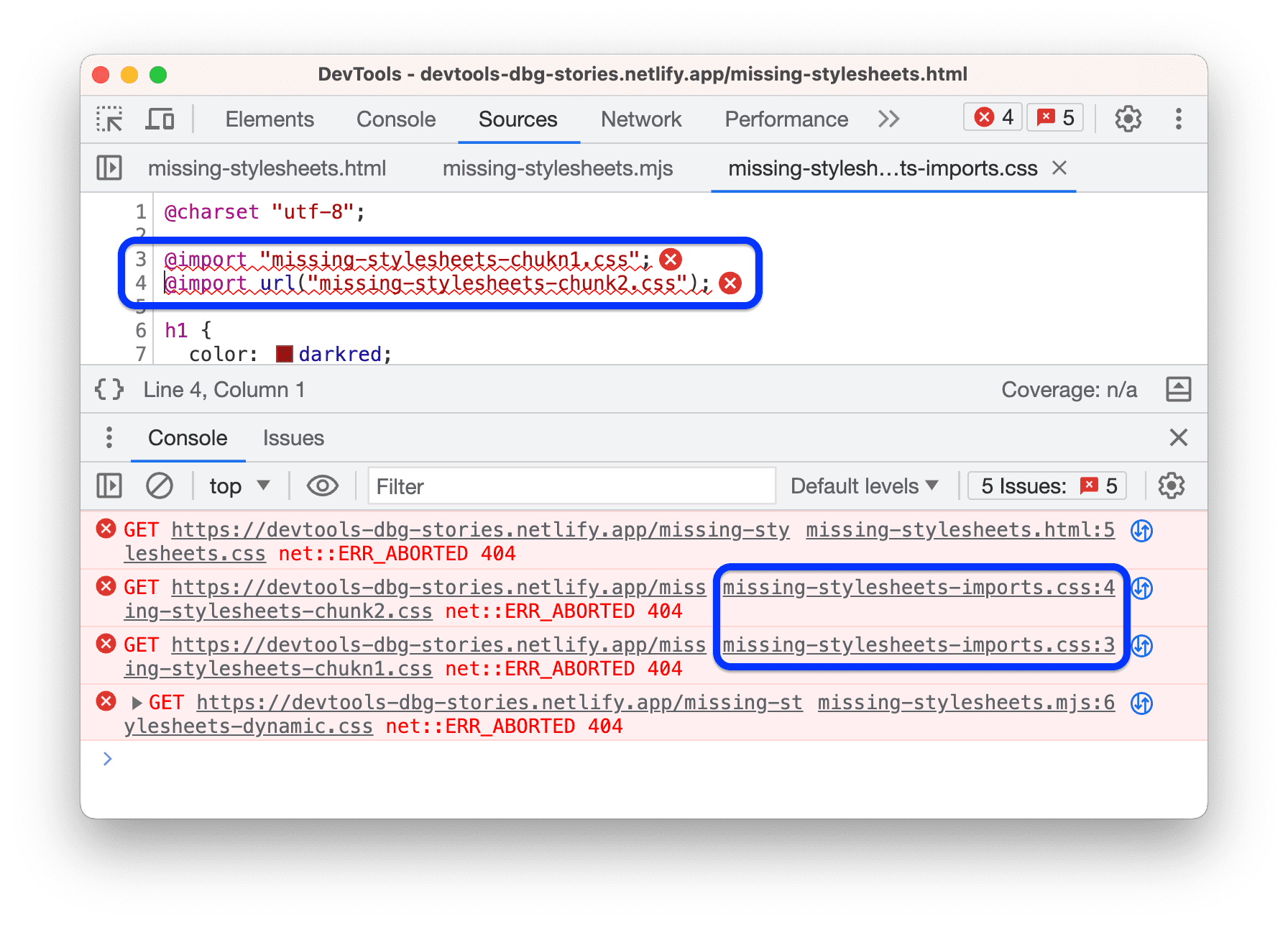 La console fornisce link alle righe esatte con le istruzioni problematiche.