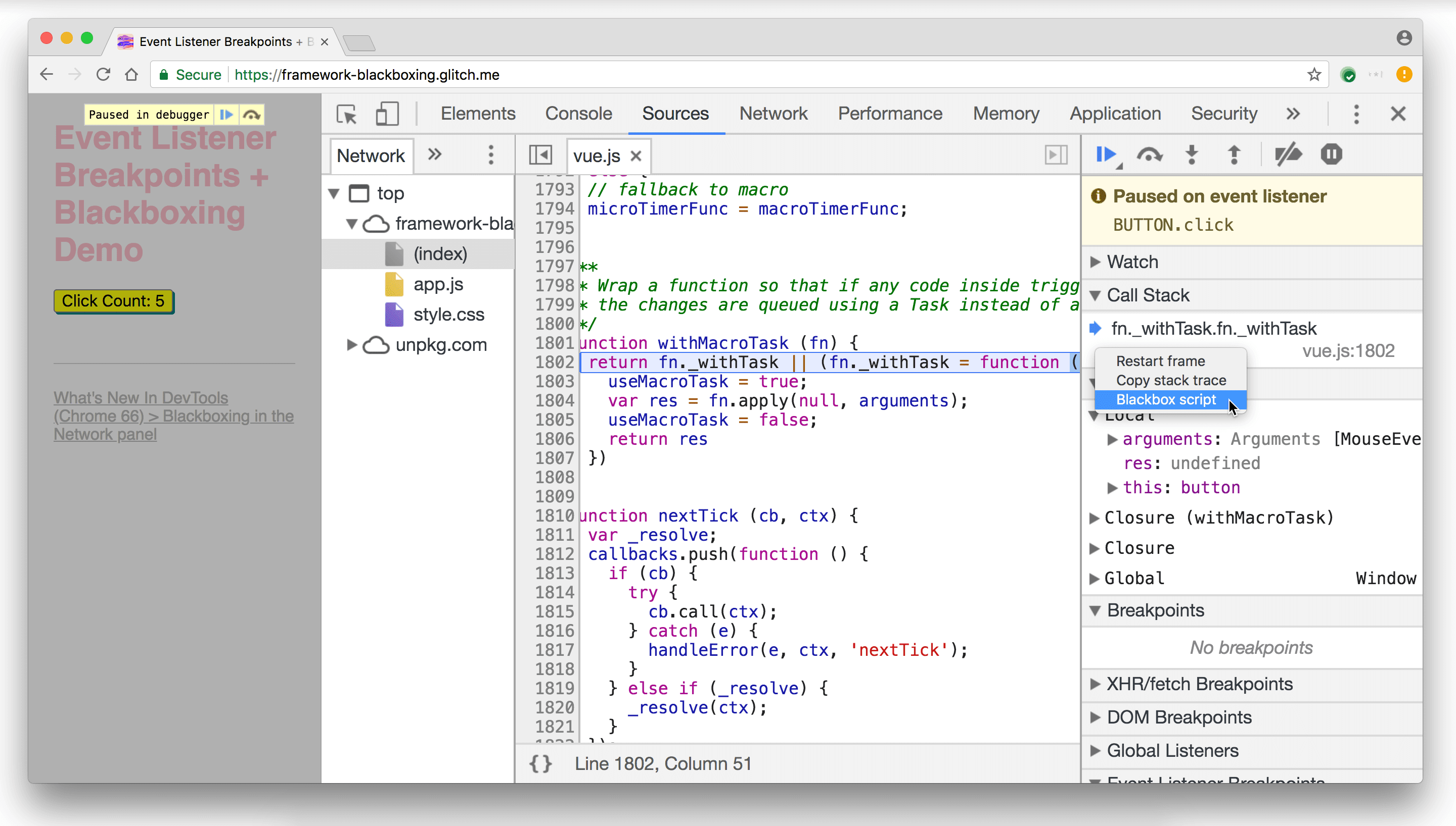 Çağrı Yığını bölmesinde Vue.js komut dosyası yok sayılıyor.