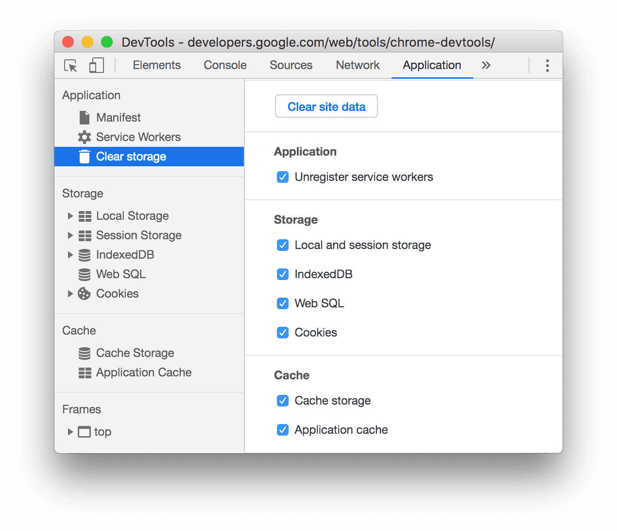 แท็บ &quot;Application&quot; ที่เลือก &quot;Clear Storage&quot;