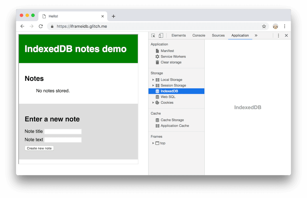 ลักษณะการทำงานเดิม หน้านี้ฝังการสาธิตที่ใช้ IndexedDB แต่ไม่เห็นฐานข้อมูล