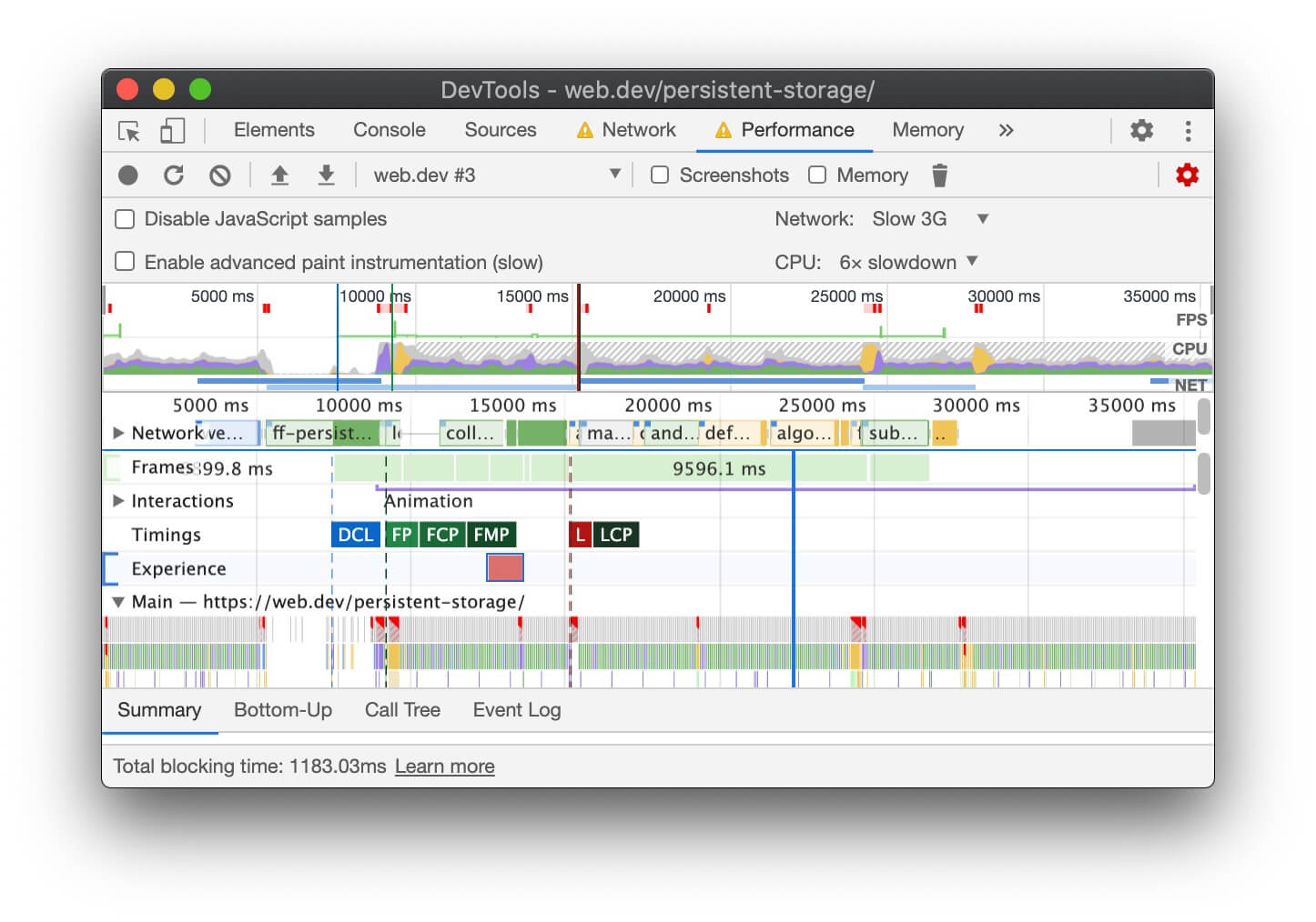 パフォーマンス パネルの録音のフッターに表示される Total Blocking Time の情報。