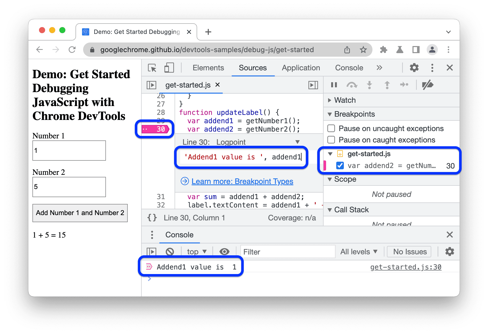 Logpoint, der einen String und einen Variablenwert in der Konsole protokolliert.