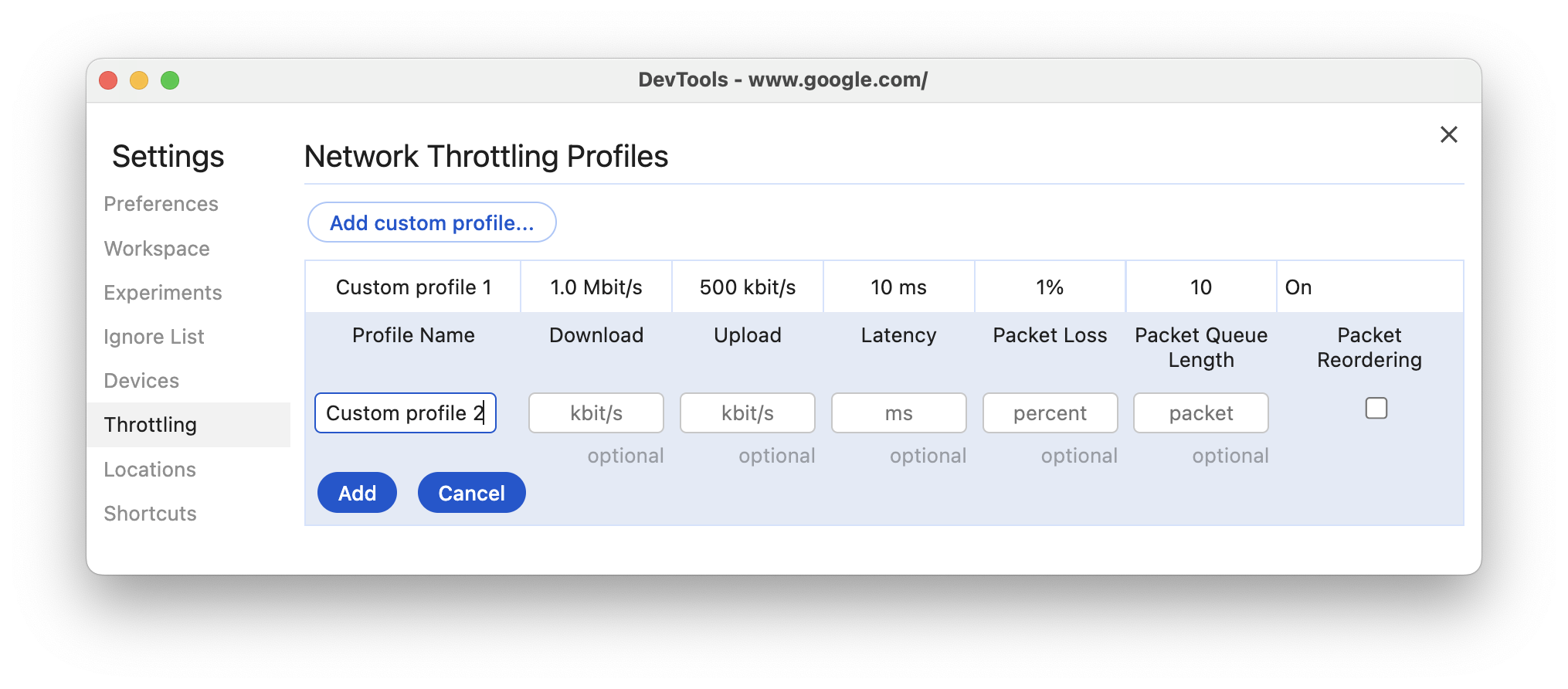 יצירת פרופיל חדש בכרטיסייה Throttling.