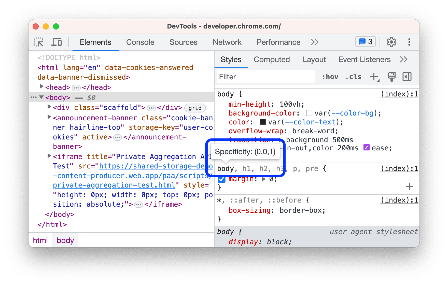 Información sobre la herramienta con la ponderación de especificidad de un selector.