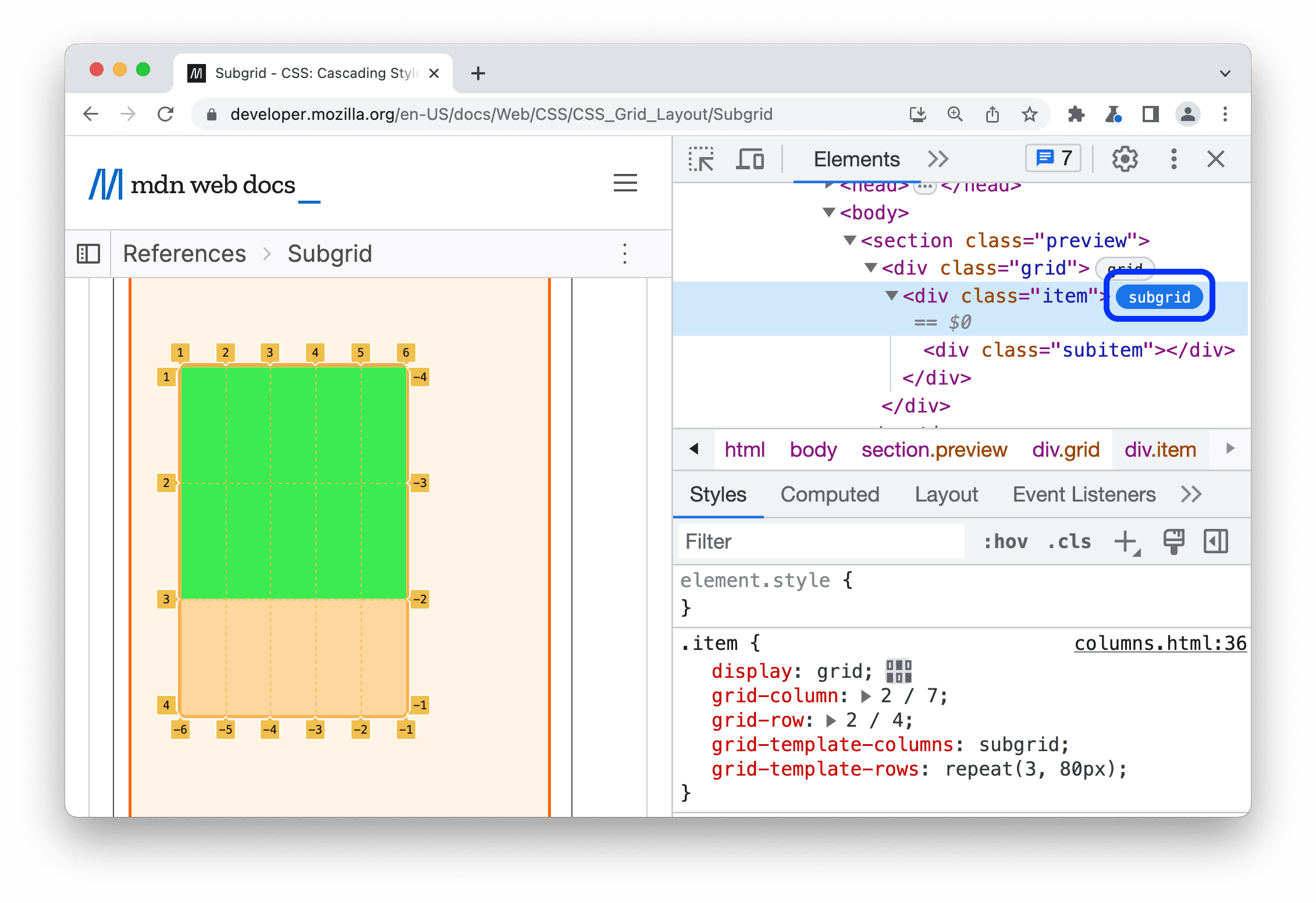 Badge subgrid dan overlay di area pandang.