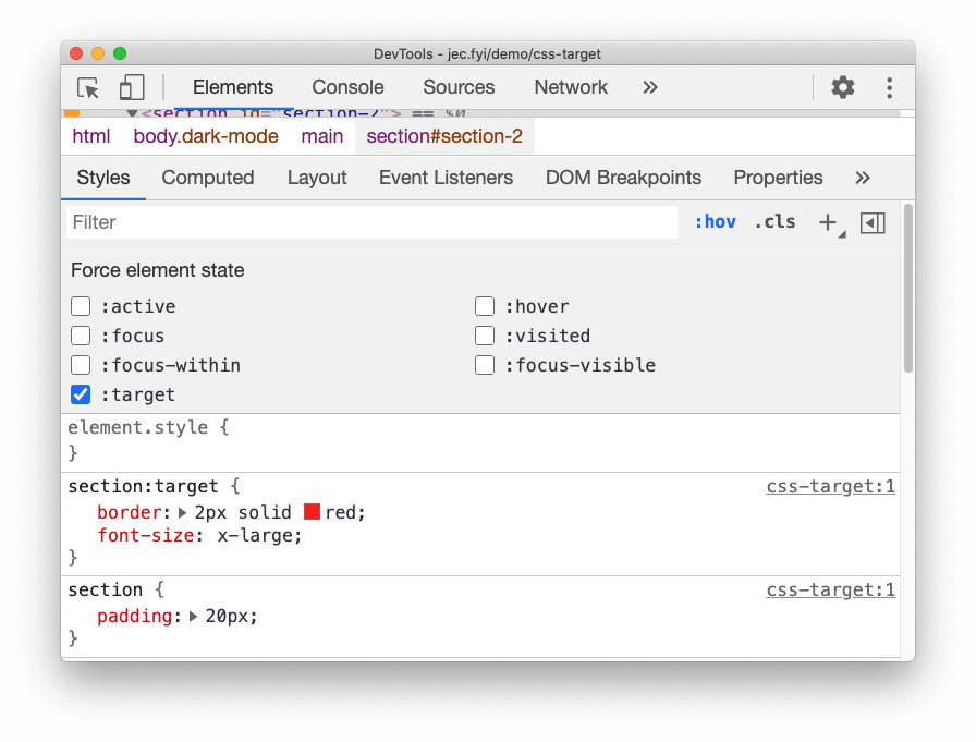 実行時に CSS の `:target` 状態を強制的に