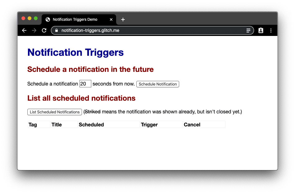 لقطة شاشة لتطبيق الويب التجريبي لميزة Notification Triggers (مشغّلات الإشعارات) على الويب