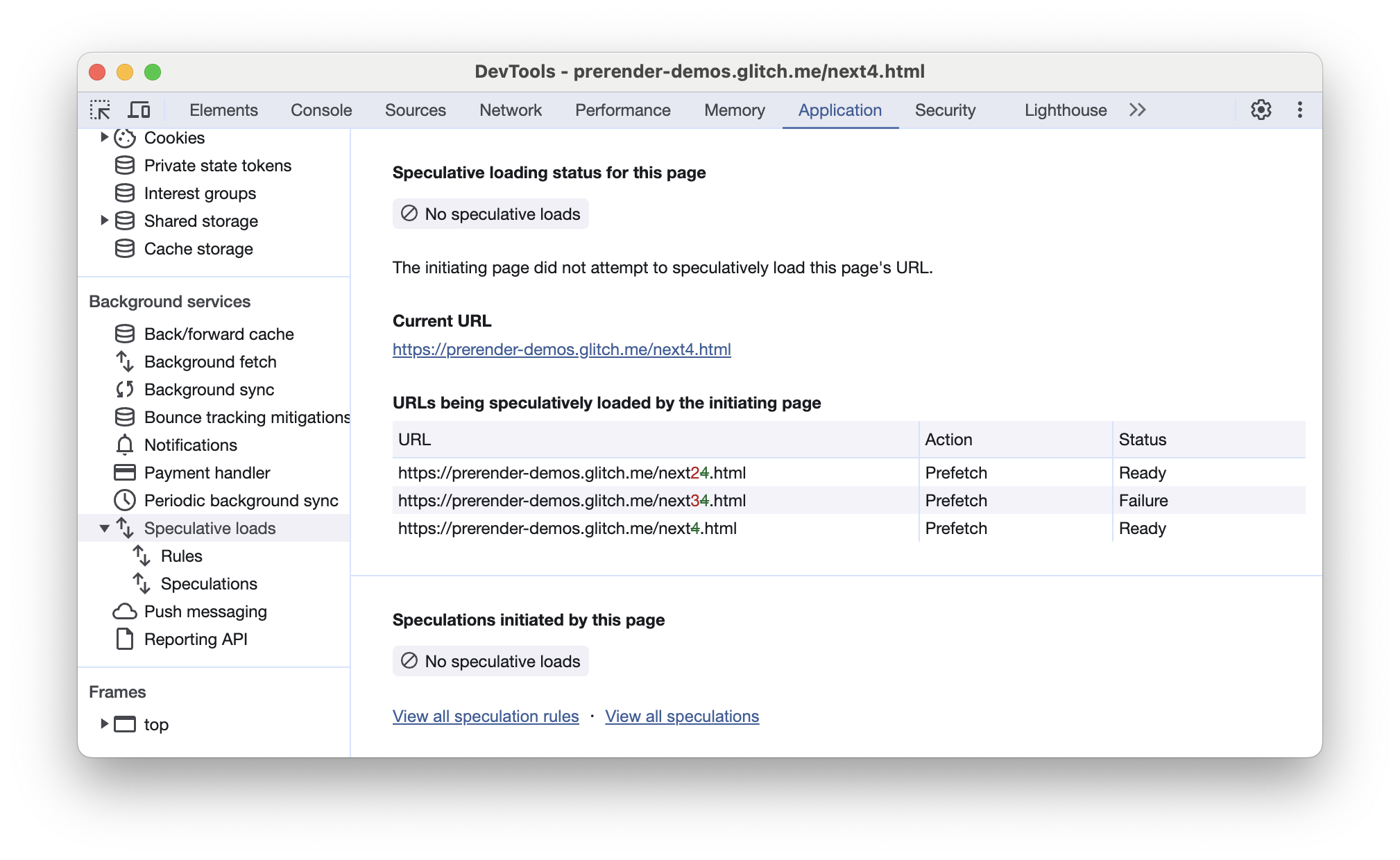 Karta Ładowanie spekulacyjne w Chrome DevTools, pokazująca, że bieżący adres URL nie pasuje do żadnego z adresów URL w regułach spekulacyjnych poprzedniej strony