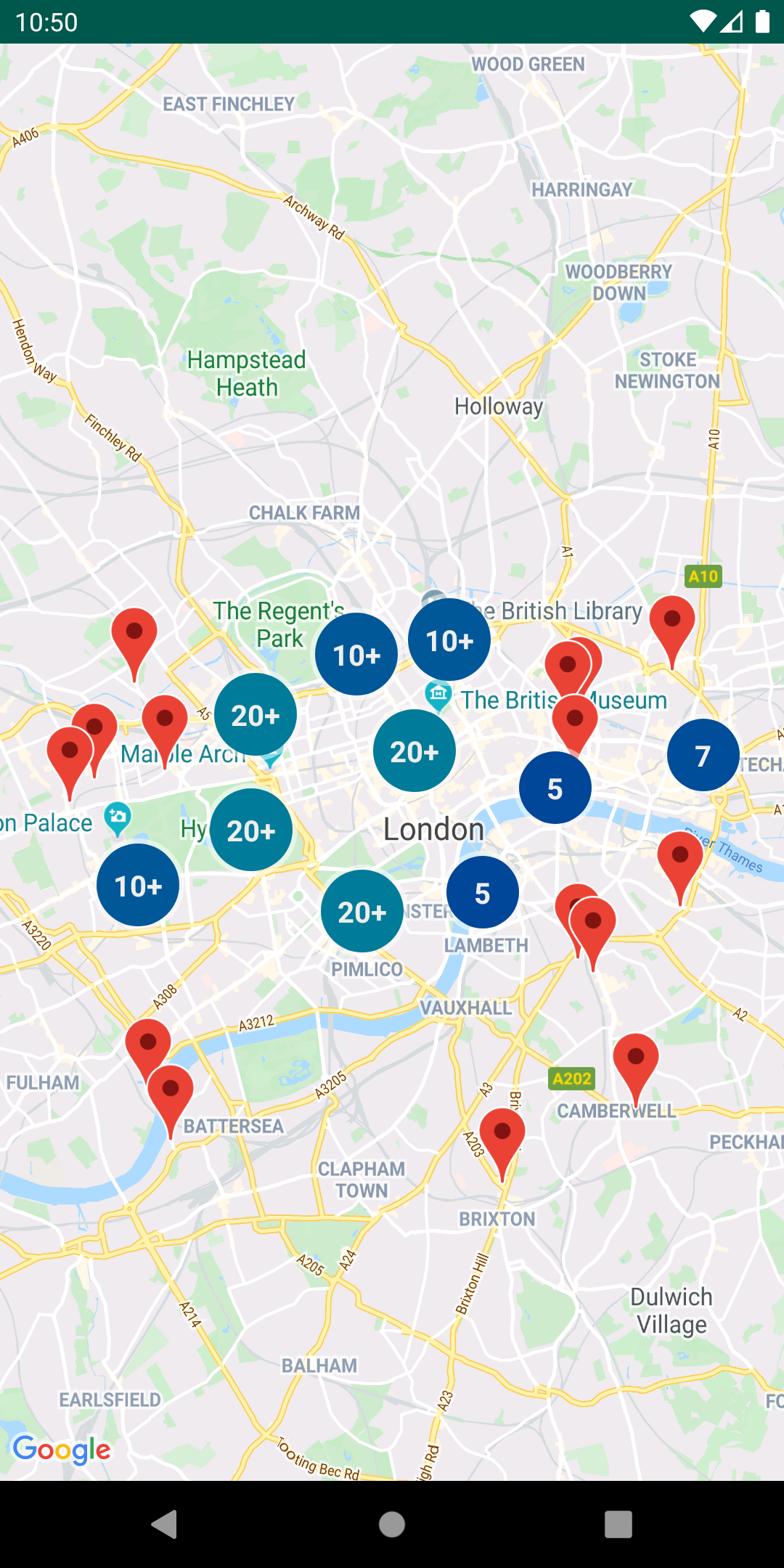 A map with clustered markers