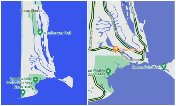 Due screenshot di una mappa con stili personalizzati. Il lato sinistro mostra una terra circondata da acqua blu medio-scura. Il lato destro mostra la stessa area sulla mappa, ingrandita di un livello. L&#39;acqua è leggermente più chiara rispetto alla mappa a sinistra.