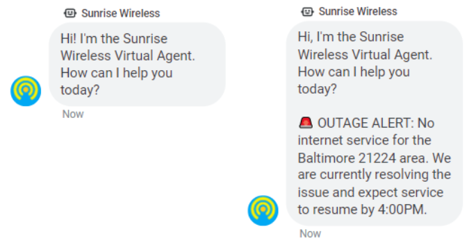 Willkommensnachricht von Sunset Wireless mit zusätzlicher Dienstausfallwarnung