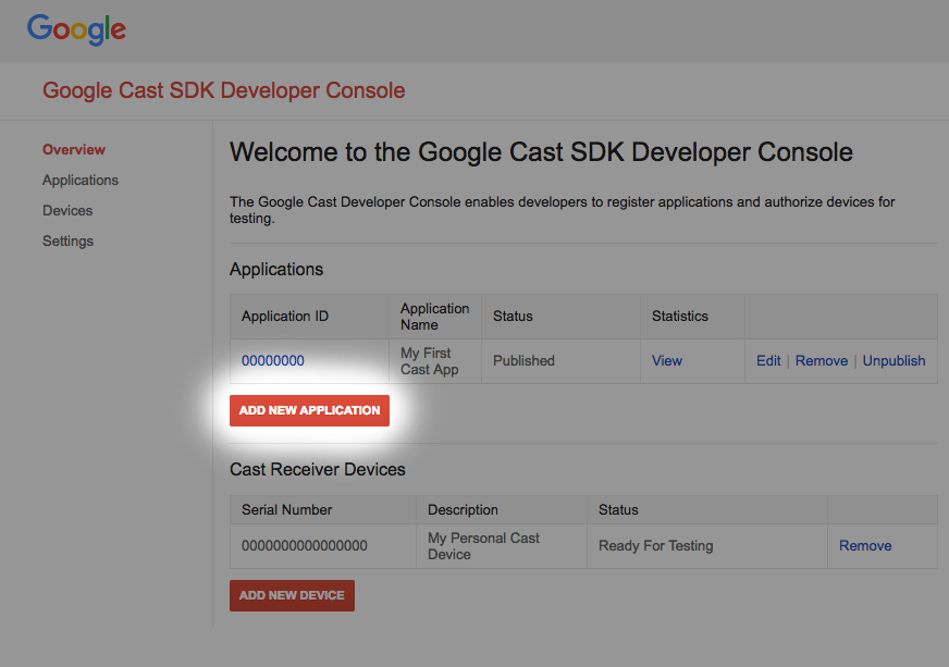 รูปภาพ Play Console SDK ของ Google Cast พร้อมข้อความ &quot;เพิ่มแอปพลิเคชันใหม่&quot; ไฮไลต์ปุ่มแล้ว