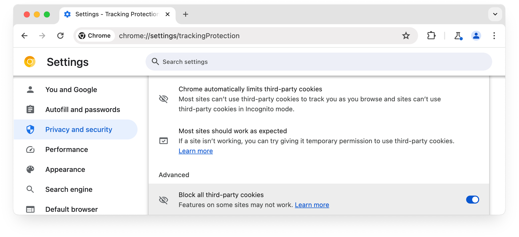 pagina chrome://settings/trackingProtection, blocca tutti i cookie di terze parti selezionati