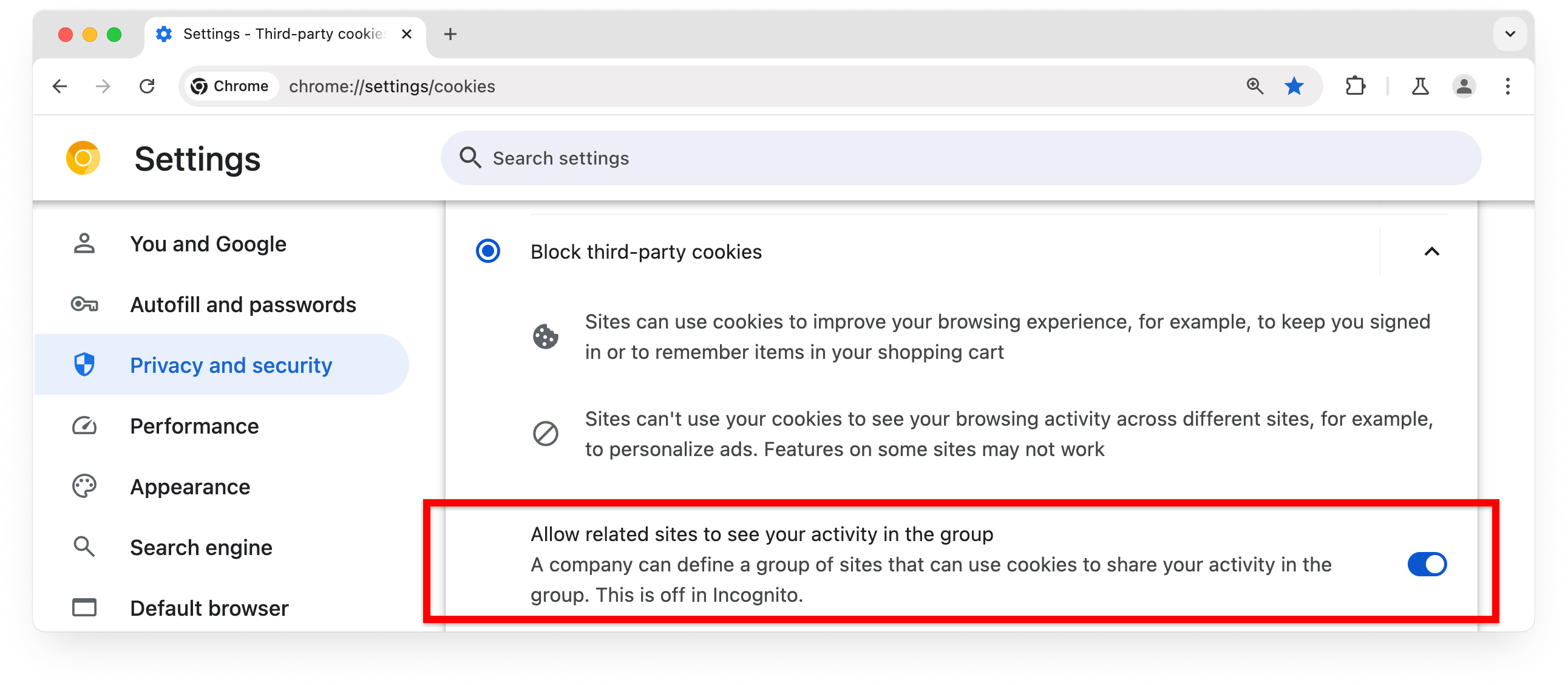 chrome://settings, che mostra come gli insiemi di siti web correlati possono essere consentiti se i cookie di terze parti sono bloccati